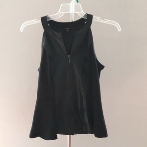 GUESS ZIP FRONT FAUX LEATHER PANELED PEPLUM TOP